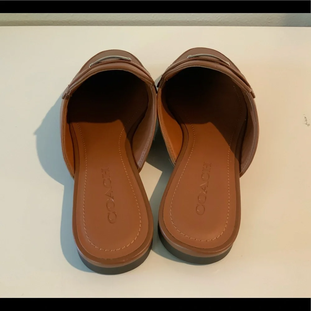 Coach Brown Leather Backless Loafers with Silver Plaque - Picture 2 of 7